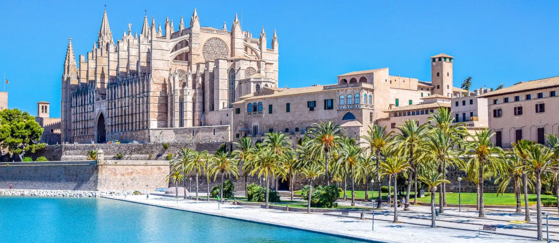 Die Kathedrale Santa María in Palma, La Seu, spiegelt sich im Wasserbecken