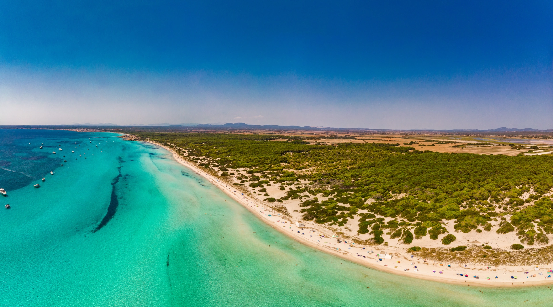 Türkisfarbenes Wasser und weißer Sand am Strand Es Trenc im Süden Mallorcas