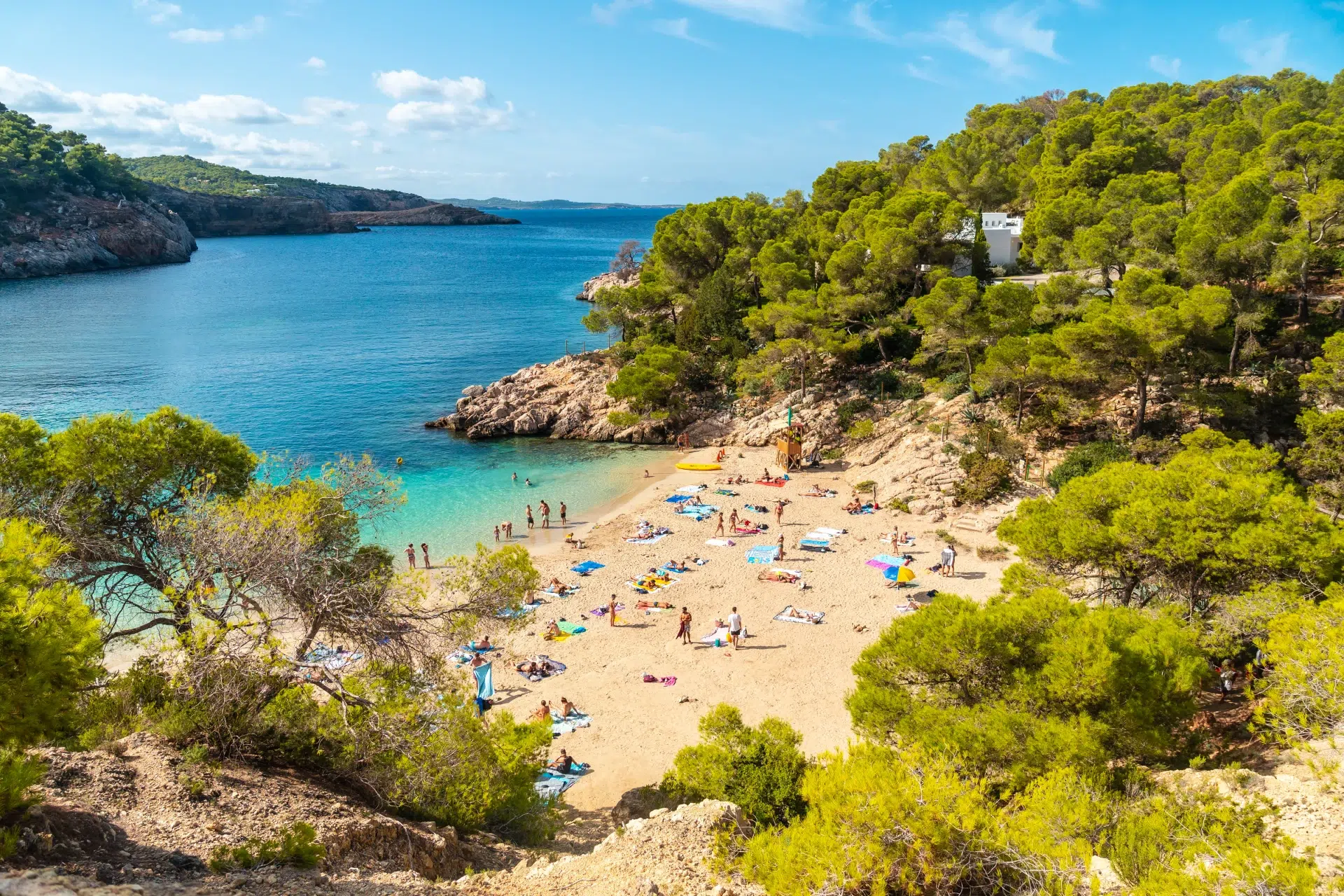 Cala Salada y Saladeta, con el agua turquesa entre paredes de roca y pinos